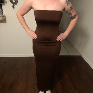 4/$25 Brown strapless maxi bodycon dress with slit in back